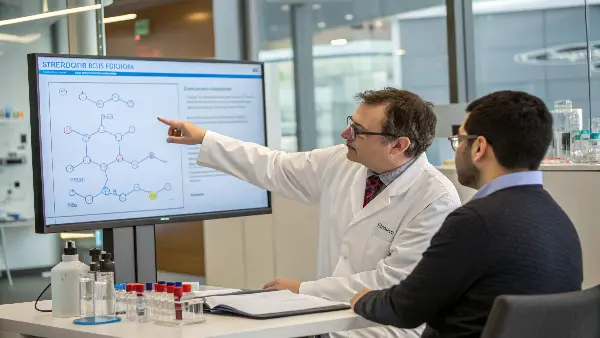 Engineer discussing polymer options with a client, pointing at samples/charts