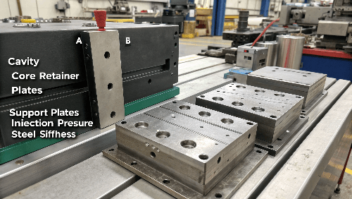 Diagram showing mold plates under pressure with support pillars