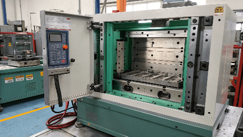 Diagram showing mold base inside injection molding machine platens/tie bars
