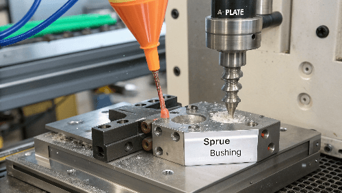 Diagram showing machine nozzle interfacing with sprue bushing