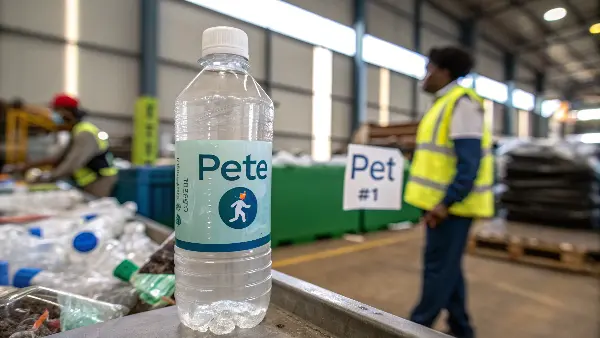 Close up of a PETE #1 recycling symbol on a plastic bottle