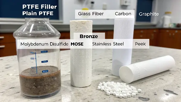 Various PTFE filler materials like glass fiber, carbon powder, bronze powder