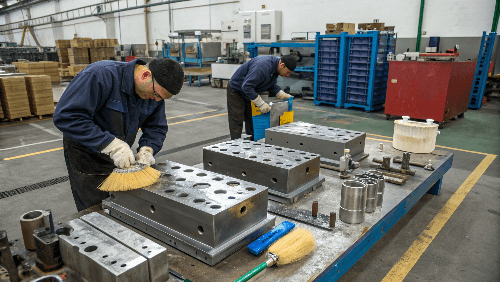 Technician carefully cleaning and inspecting an injection mold component