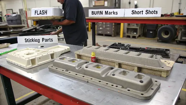 Examples of common injection molding defects like flash and short shots