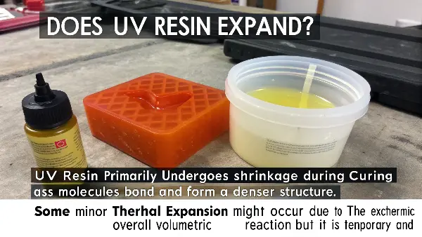 Diagram showing resin molecules before and after curing, indicating densification