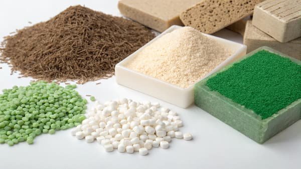 alt text: Various sustainable materials like bioplastics and recycled plastic pellets