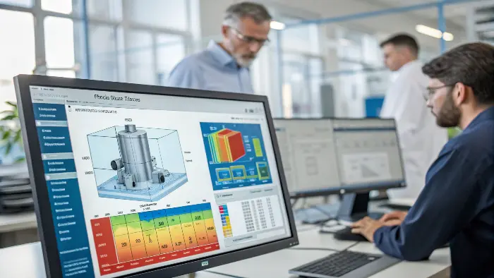Computer screen showing mold flow analysis simulation