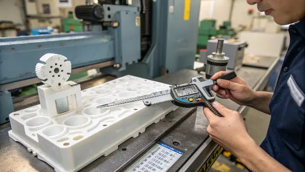 "Technician measuring a plastic part with calipers"