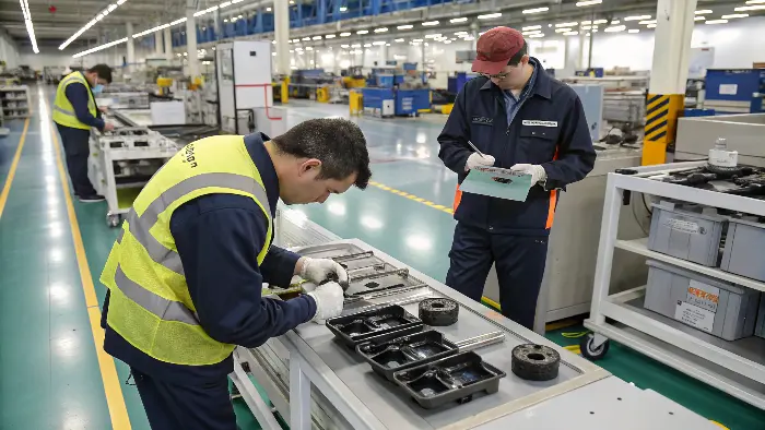 Quality inspector measuring a plastic part with calipers
