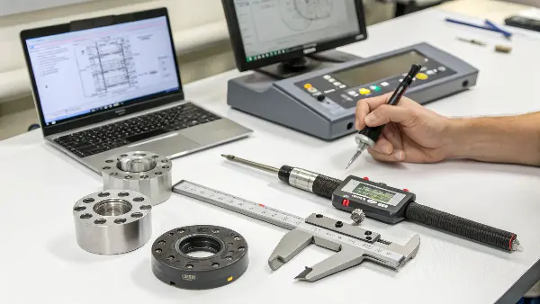technician using a CMM to measure a complex plastic part
