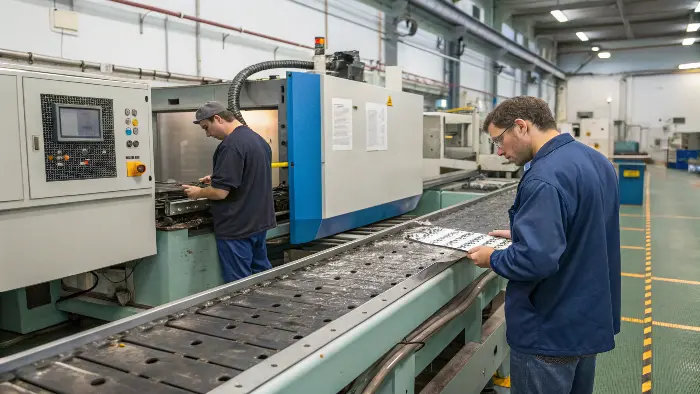 Technician troubleshooting an injection molding machine