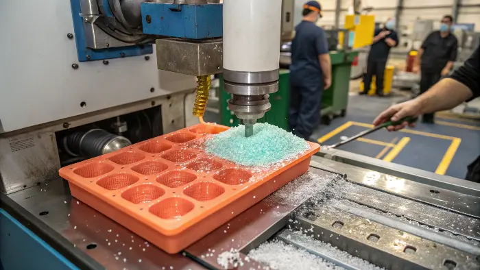 TPU pellets being fed into an injection molding machine hopper