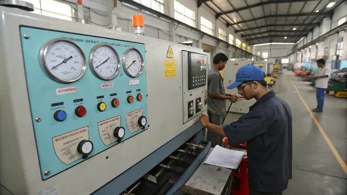 Technician adjusting injection molding machine
