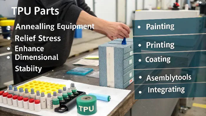 Examples of TPU parts after different post-processing: annealed, painted, assembled