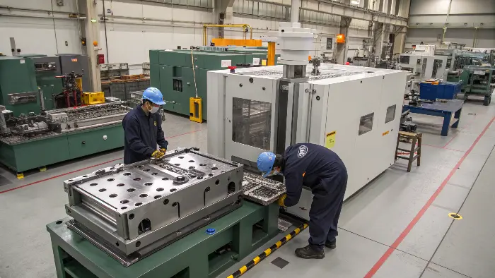 Close-up of intricate mold components showing precision