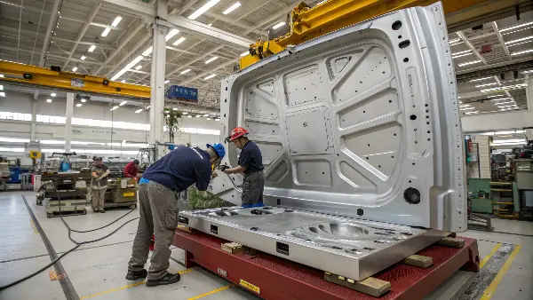 Image of a very large automotive mold being craned into a machine
