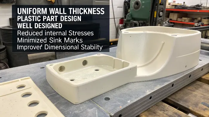 A cross-section of a plastic part showing uniform wall thickness