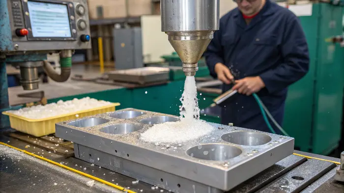 Plastic pellets being fed into an injection molding machine
