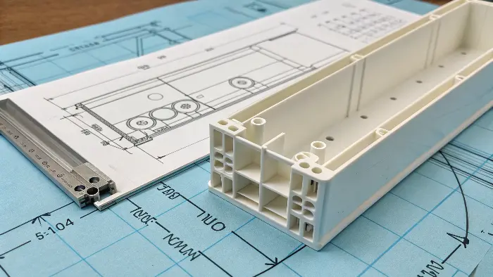 A designer using calipers to check the wall thickness on a CAD model