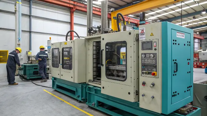 A large injection molding machine with its control panel highlighted