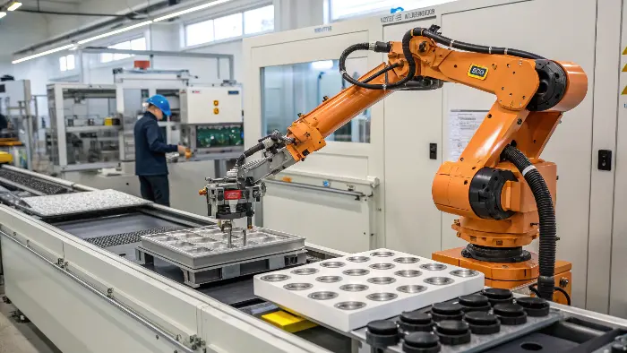 Robotic arm placing inserts into a mold