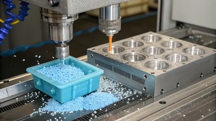 A diagram showing the four stages of the injection molding cycle: clamping, injection, cooling, and ejection.