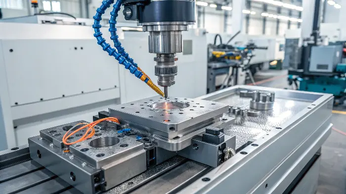 A close-up of a robotic arm swiftly removing a finished part from an open mold.