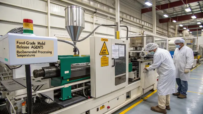 A clean, modern injection molding machine in a well-lit factory.