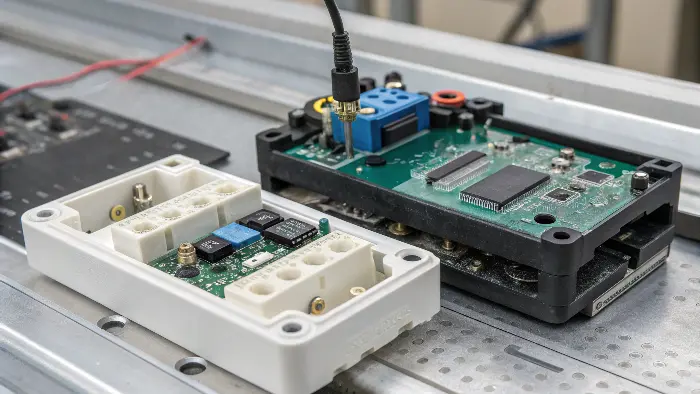 Diagram or photo showing insert molding and overmolding processes with electronic components