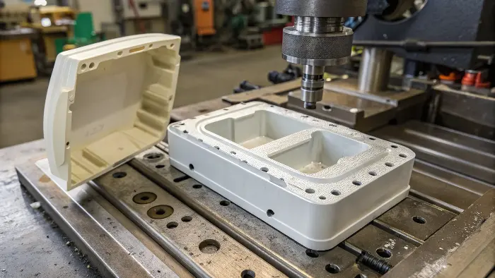 A plastic part with a clear undercut feature being analyzed