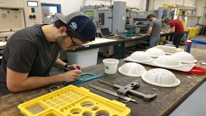 A designer and a mold maker collaborating over a CAD design
