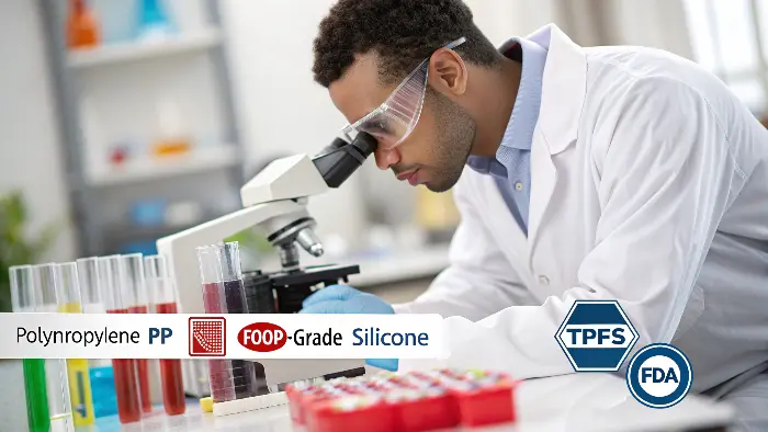 A collection of colorful, safe plastic baby toys and feeding items.