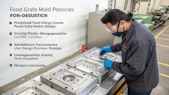 A clean, polished stainless steel mold cavity for a food container