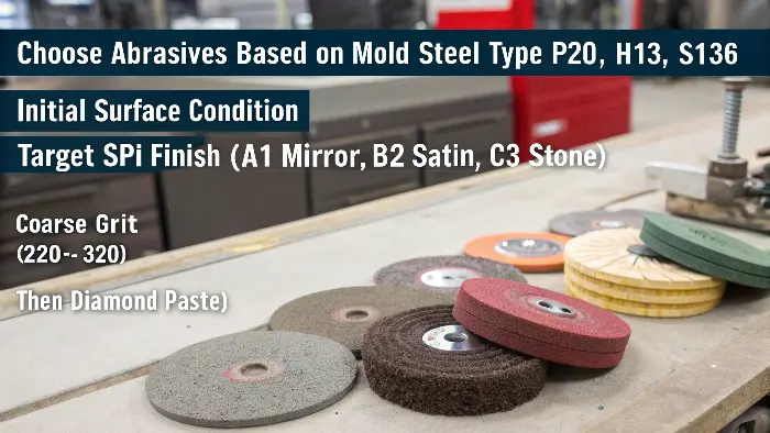Selection of different abrasives for mold polishing