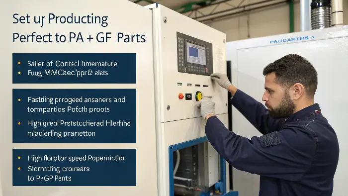 An injection molding machine's control panel showing temperature and pressure settings.