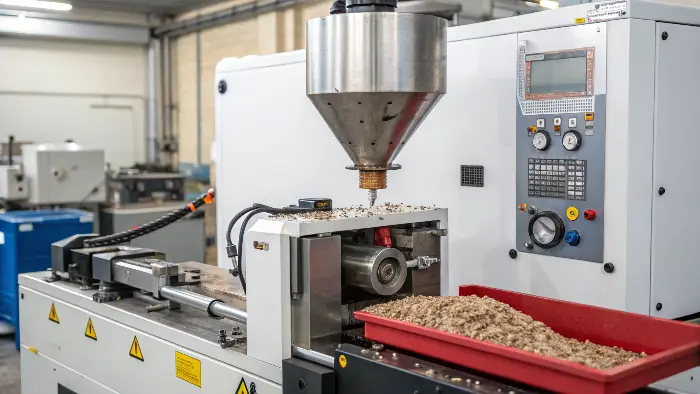 An engineer taking notes next to an injection molding machine