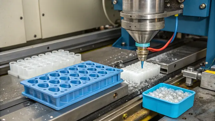 A diagram showing the plastic injection molding process