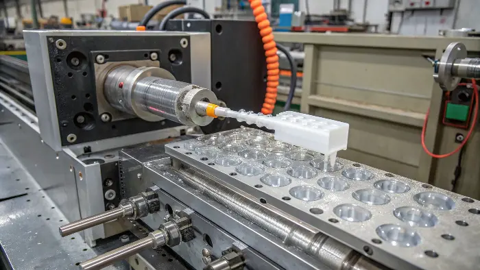 A labeled diagram of an injection molding machine showing the injection and clamping units
