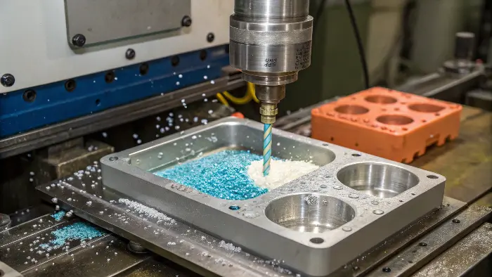 A diagram showing the plastic molding process from pellets to finished part