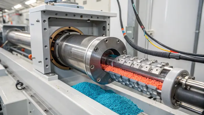 A cross-section of an injection molding machine's barrel and screw