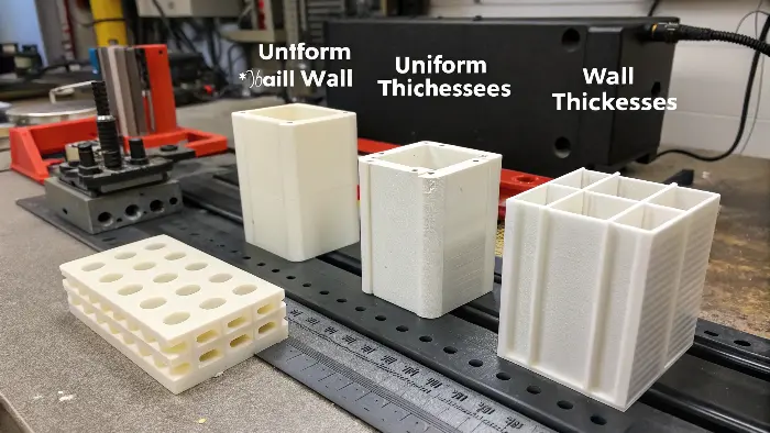 A table showing recommended wall thicknesses for different plastic materials