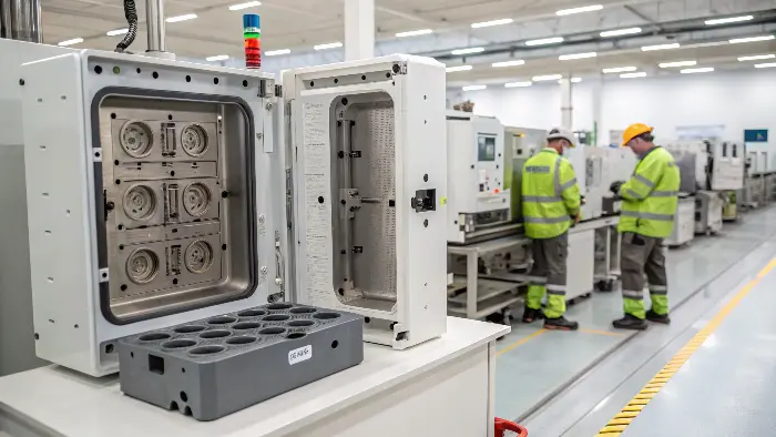 A multi-cavity injection mold opened up showing multiple parts.