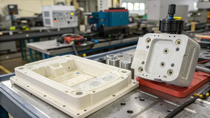 A close-up of a plastic part showing an injection molding defect