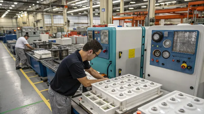 Technician adjusting an injection molding machine