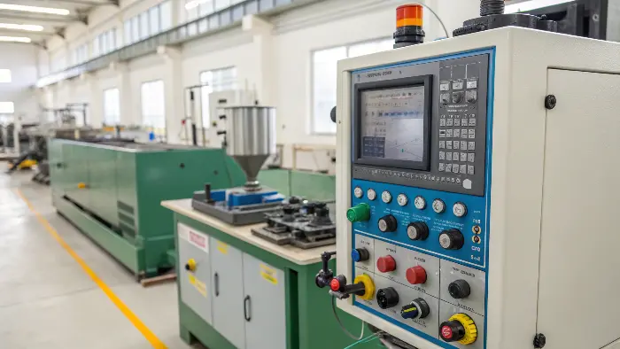 Control panel of an injection molding machine with key settings highlighted