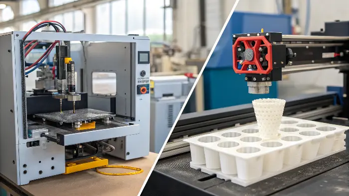 A side-by-side comparison of a 3D printed part and an injection molded part