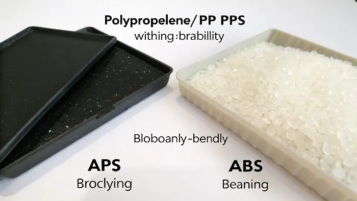 A flexible container with a living hinge made from PP next to a rigid electronic casing made from ABS