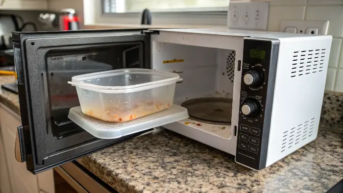 A microwave safe symbol on the bottom of a PP container