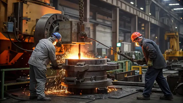 Molten steel being poured in a foundry