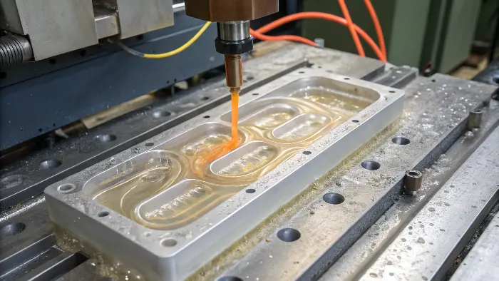 An animation still of plastic resin flowing into a mold cavity
